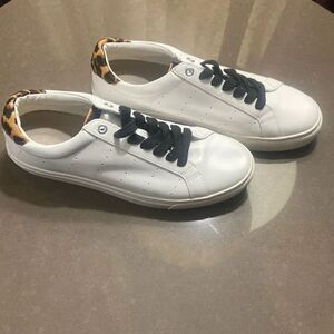 J. Crew Sneakers Women's Size 8.5 White/Leopard Print L7197 Lace Up Leather Shoe